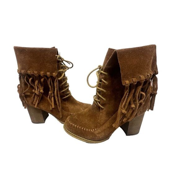 Sbicca Lace Up Wagon Fringe Brown Heeled Booties Size 7 Rodeo Western - Picture 1 of 10